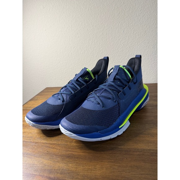 Under Armour Curry 7 Basketball Mens 11 Blue Lime Green Excellent 3021258-405